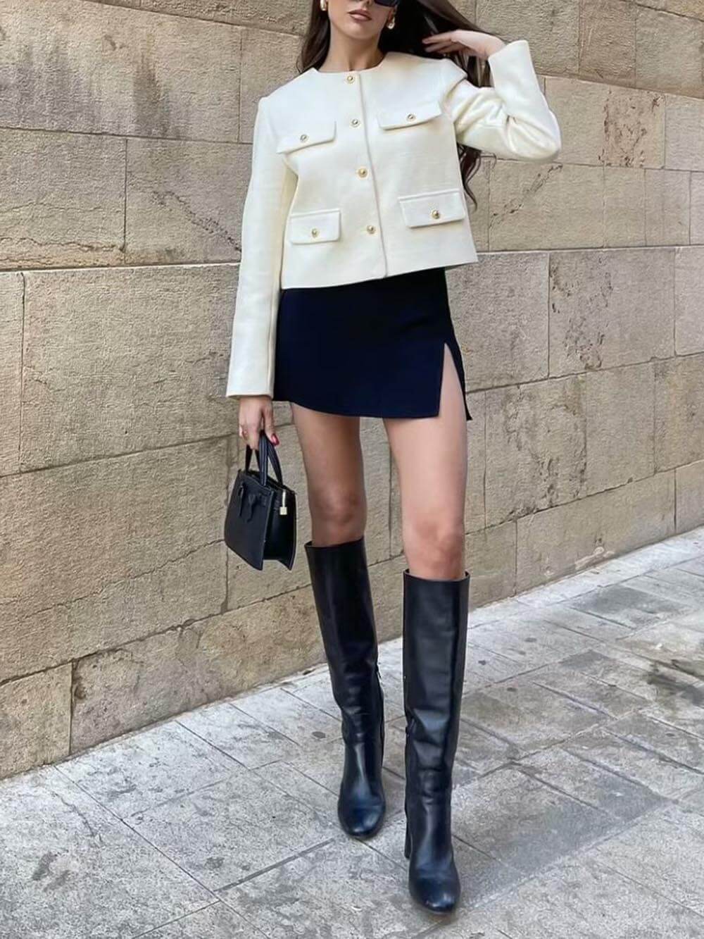 Chanel Estilo Moda Botão Terno Curto Jaqueta